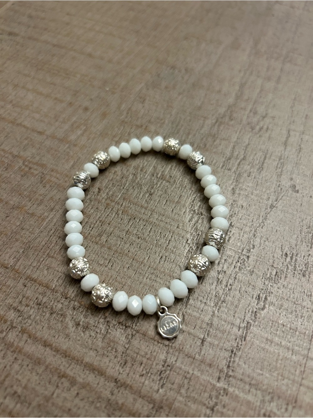Lizas White Beaded Stretch Bracelet with Silver Accents
